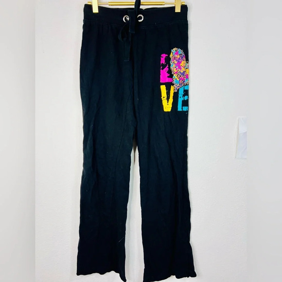 Rue21 Women’s Black Flare Lounge Pants LOVE Colorful Graphic Size Small - Picture 3 of 8